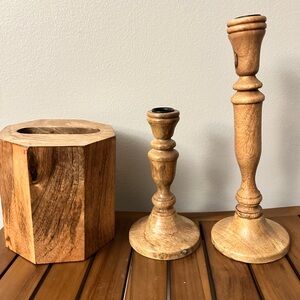 Wooden Candle Holders and Tissue Box Cover - Natural Wood